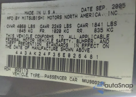 2006 Mitsubishi Eclipse Gs from USA, damaged, VIN 4A3AK24F36E026481